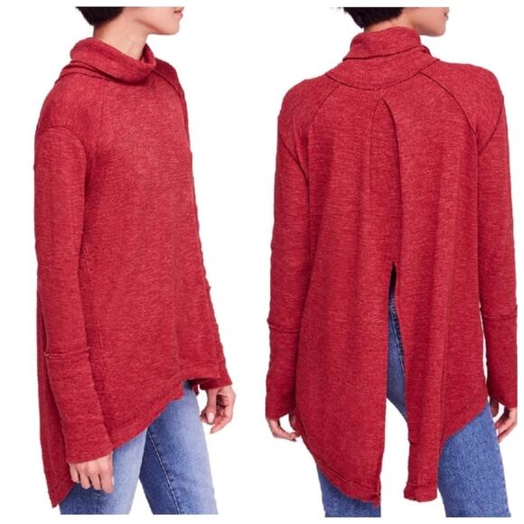 Free People NEW Split Back Red Turtleneck Relaxed Fit Knit High Low Tunic Top - Picture 1 of 9